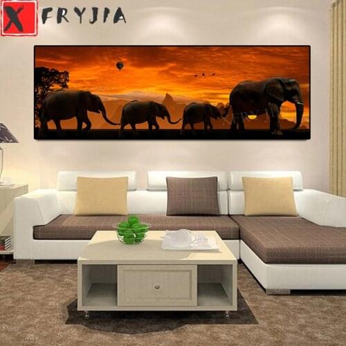 African elephants and sunset landscape Full Square Round Drill Diamond Embroidery Cross Stitch DIY Diamond Painting Home Decor