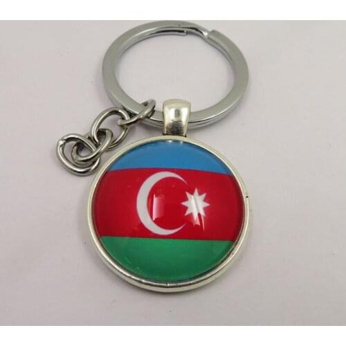 Azerbaijan Keychain Charm 25mm Glass Beads Key chains Silver Plated Metal Azerbaijan Flag Keyring Keychain