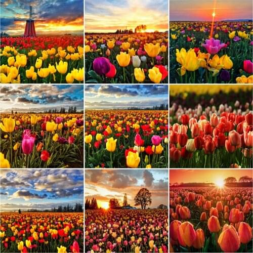 AZQSD 5D Diamond Embroidery Tulip Sunset Mosaic Rhinestones Diamond Painting Flower Cross Stitch Kits Needlework Home Decor