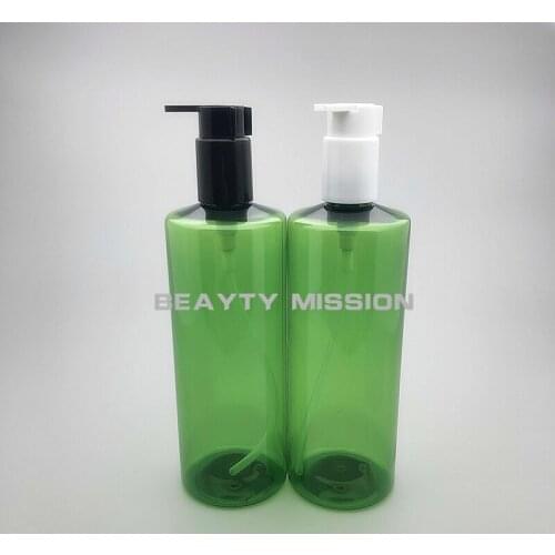 BEAUTY MISSION 12pcs/lot 500ml green plastic PET bottle with white/black lotion pump , empty shampoo container dispenser