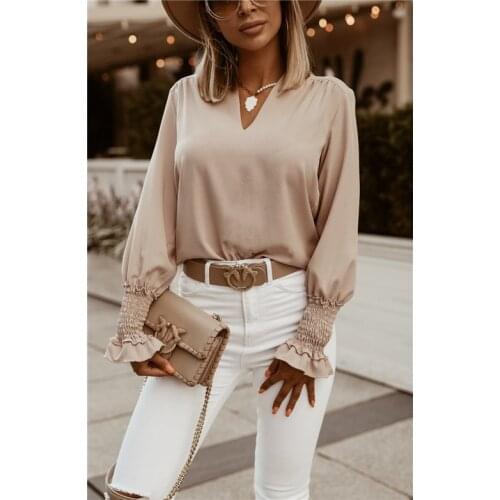 Elastic Cuffs Solid Pink Black Elegant Gentle Women Blouse Autumn 2021 New Winter V-neck White Simple Loose Large Ladies Blouses