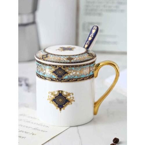 Bohemian style blue painted gold ccoffee cup tea mug porcelain cup with spoon creative ceramic coffee cup office water cup