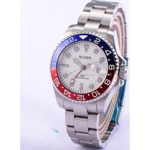 BLIGER 43mm Titanium Bezel steel watch casing white dial steel strap Red GMT sapphire automatic Date Day mens watches