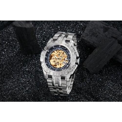 Luxury Silver Automatic Mechanical Watch for Men Full Steel Skeleton Wristwatch Clock Over-Sized Big Dial Relogio Masculino