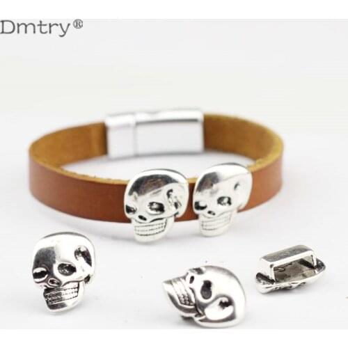 Dmtry 10pcs/t New Antique Silver Plated Skull Head Leather Spacer Beads For 10*2MM Leather Jewelry Making Charms Parts LC0062