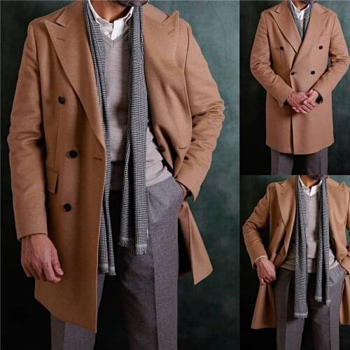 Peaked Lapel Men Woolen Coat Handsome Double Breasted Long Blazer Custom Made Smart Casual Party Wedding Wear