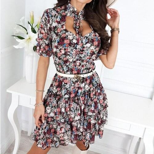 Elegant Lace-up Floral A Line Dress Summer Women Cascading Ruffles Holiday Party Vestidos Casual Print Female Boho Dresses 2021