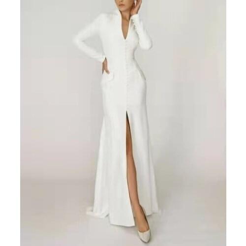 Elegant Satin Mermaid Long Sleeve Wedding Dresses with Slit Floor Length Pleated V-Neck Abendkleider Maxi Bridal Gowns for Women