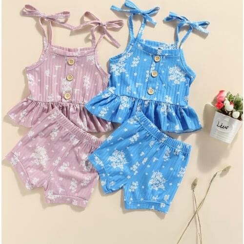 FOCUSNORM 0-4Y Summer Lovely Baby Girls Clothes Sets 2pcs Floral Printed Sleeveless Strap Vest Tops Ruffles Shorts