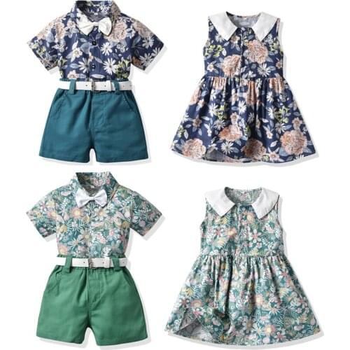 Family Clothing Set Summer Brother and Sister Matching Outfits Kids Boys Gentleman Clothes Sets+Girls Floral Princess