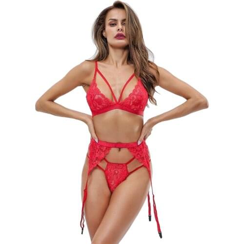 Women Strappy Detail Garter Lingerie Set Hot Erotic Floral Lace Underwear for Women G String Bikini Set Lace Lingerie Set