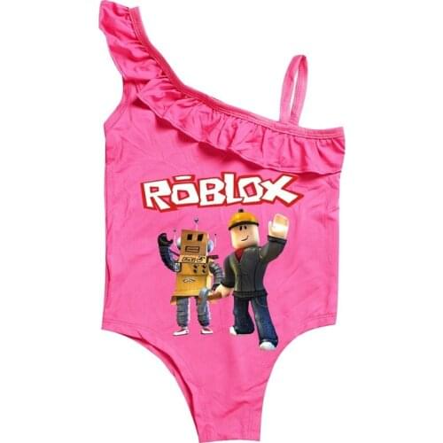 Polyester One Piece Girls Swimsuit ROBLOX Robot Anime Push Up Swimwear Kids Pink Beach Bathing Suit Catoon Print Child Gifts New