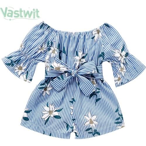 Summer Baby Girl Princess Off-Shoulder Flare Sleeve Floral Bow Waist Striped Overall Romper Jumpsuit Outfit Toddler Kids Sunsuit