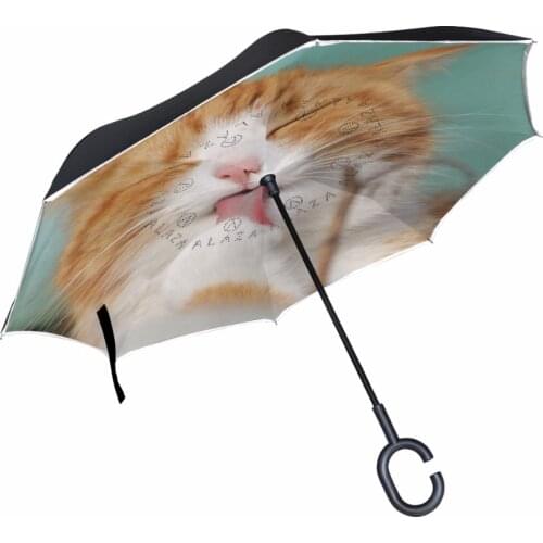 Cute Cat Windproof Reverse Umbrella Double Layer Long Shank Inverted High Quality Fashion Creative Customized Travel Size