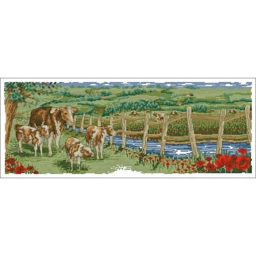 Flower Riverside cow Pasture Cross Stitch Kits Needlework 14CT Unprinted Embroidered Top Quality DIY Handmade Decoration