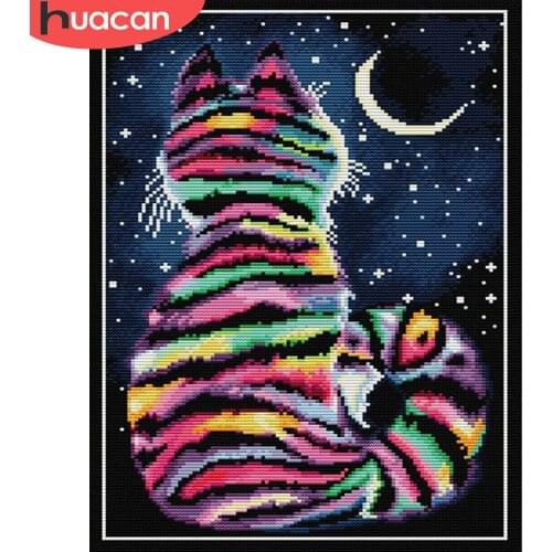 HUACAN Embroidery Cat Animal Cross Stitch Sets White Canvas Needlework Handicrafts Cross Stitch Cat 14CT 11CT