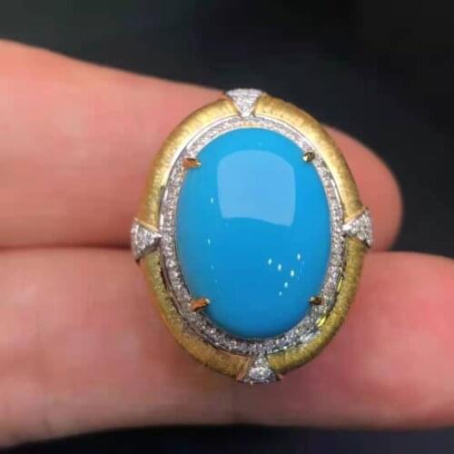 Natural turquoise ring Man Woman Jewelry 18k yellow gold hand-brushed small grain diamond aliança de namoro anillos mujer