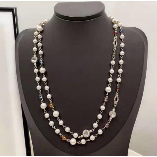 Top Quality Fashion Party Jewelry Crystal Pearls Necklace Luxcy Party Long Necklace Vintage Beads Chain Jewelry Neckalce