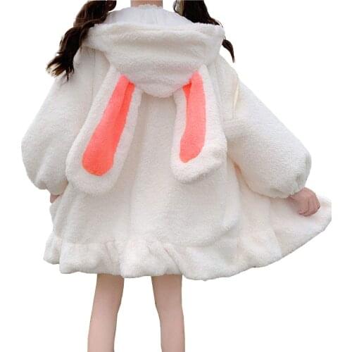 Breathable Girls Long Sleeve Outwear, Ladies Autumn Winter Cute Bunny Ears Decoration Hooded Coat Casual Fluffy Tops