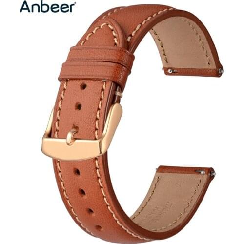 Anbeer Quick Release Watchband 18mm 20mm 22mm Genuine Leather Watch Strap Bracelet with Rose Gold Buckle for Galaxy