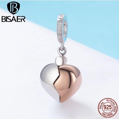 BISAER Romantic 925 Sterling Silver Lock Key Of Love Heart Pendant Charms Lock Shape fit for DIY Silver Jewelry Making ECC844
