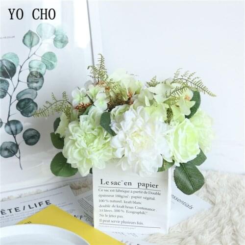 YO CHO Silk Dahlia Rose Hydrangea Artificial Flowers Silk Rose Dahlia Bouquet Flowers Wedding Home Decoration Fake Flower Roses