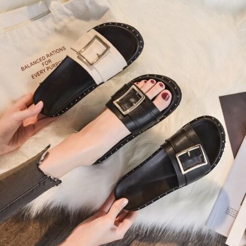 Celebrity Square metal buckle belt modern slippers women 2021 summer shoes sandals studs thicken soled slides plus size 40-43