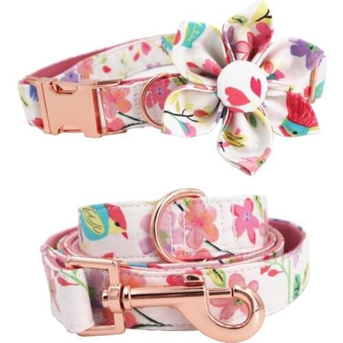 Girl dog collar flower for big, small dog cotton fabric collar with rose gold metal buckle