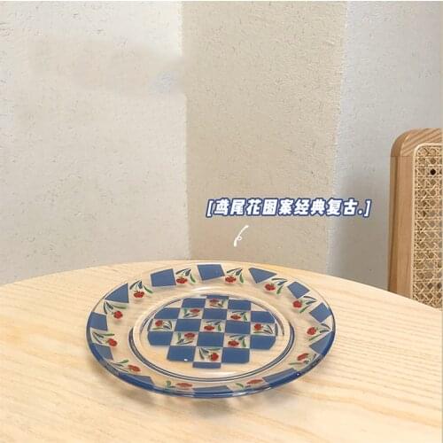Glass Plate Blue Grid Flower Flat Plateau Creative Home Tableware Dish Service De Table Assiette Dessert Plates тарелки для еды