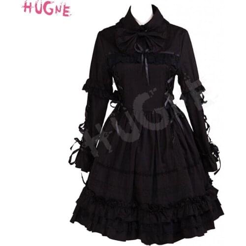Hugne Lolita Dress Gothic Style Womens Black Cotton Gothic Long Sleeves Court Lolita Dress XS-XXL Female Party Spring/Autumn
