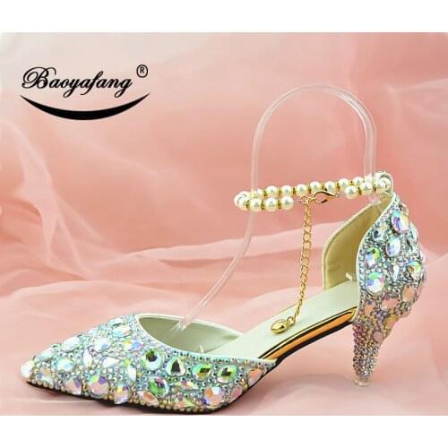Bao ya feng 2019 New arrival Pointed toe Womens wedding shoes 6cm woman crystal party dress shoes White AB Drill Crystal Shoes