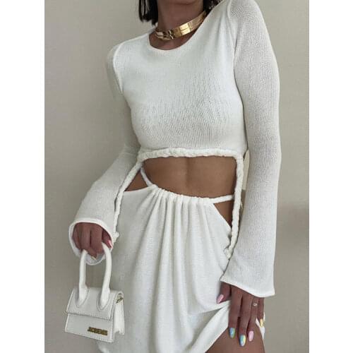 Tossy Autumn Female White 2 Piece Set Casual Long Sleeve Crop Top And Hollow Out Drawstring Skirts Sets Sexy Skinny Streetwear