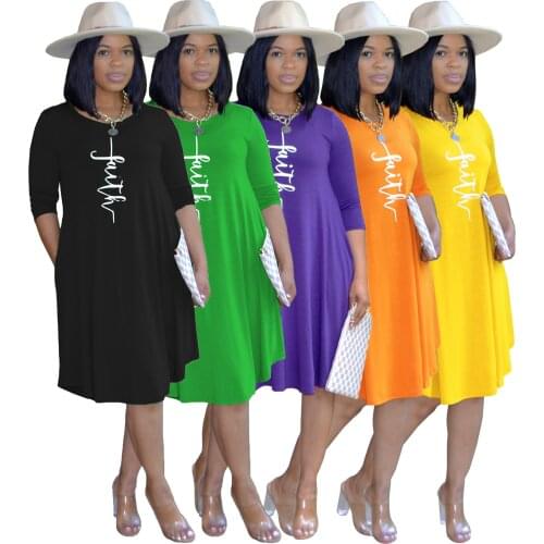 2021 New Autumn Long Sleeve Dress Fashion Faith Letter Printed Dress Women Casual Loose Pocket Knee-length Dress Lady Vestidos