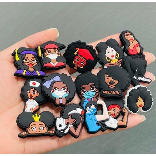1Pcs Magic Black Girl Melanin PhD Shoe Charms Strong Nurse Doctor Shoe Accessories Decoration Fit Croc Jibz Kids Party Gifts