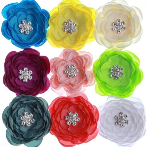 200PCS 9.5CM Soft Fabric Satin Hair Flowers With Rhinestone Embellishment For Headbands Chiffon Burn Fabric Flower For Hair Wear
