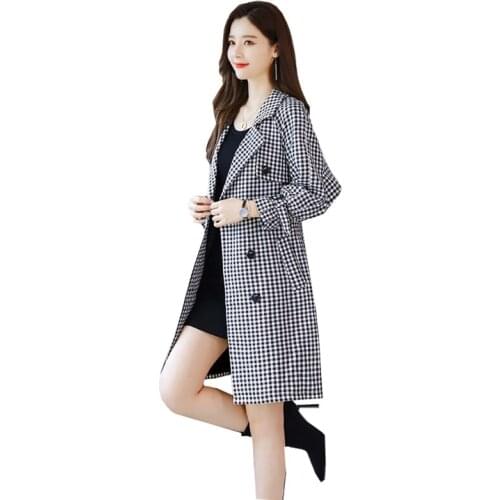 2021 spring womens plaid windbreaker jacket new plus size women autumn jacket houndstooth Overcoat Lady Trench Coats Outerwear