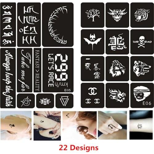 22pcs/set New Arrival Henna Tattoo Stencils Resuable Airbrush Stencil Arabic Words Tiger Wolf Schmink Sjabloon Body Art