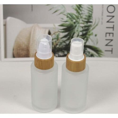 40ml frosted glass spray bottle cosmetic eco-friendly wood grain bamboo cover lotion pump packaging container