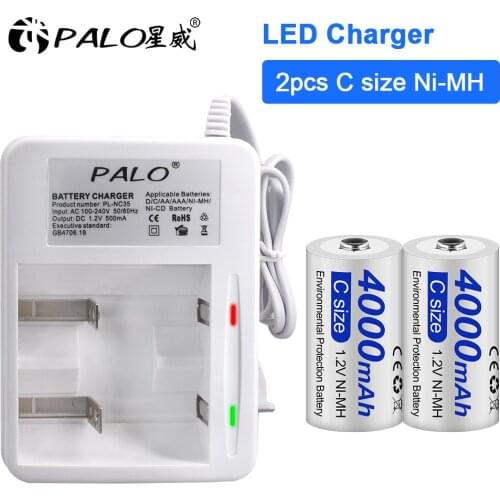 PALO 4000mAh C size Rechargeable Batteris With LED Charger Smart Output Stable Battery Charger For 1.2V AA AAA C D