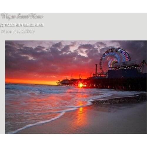 New Diy 5D Diamond Embroidery Landscape Sunrise And Ferris Wheel Sea Pattern Diamond Paintings Rhinestones Diamond Mosaic Kits