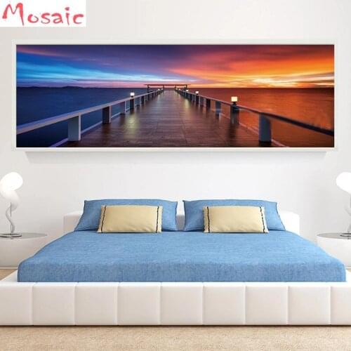 Diamond Painting Morning Sunrise On Sea Pier Wooden Bridge 5d DIY Full round Drill Cross Stitch Rhinestone Embroidery mosaic