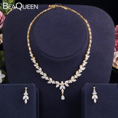 BeaQueen Elegant Gold Color Cubic Zircon Crystal Leaf Drop Wedding Earrings and Necklace Bridal Statement Jewelry Sets JS261