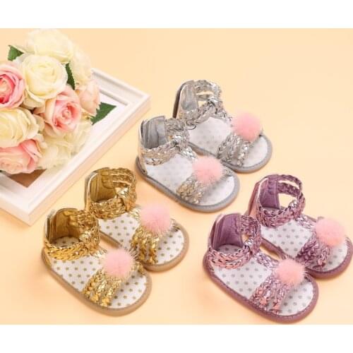 Prewalker Summer Girl Baby Plush Ball Sparkly Sand Sandal 0-18 Months Newborn Baby Shoes Toddler Shoes