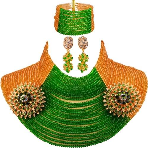 Champagne Gold and Green 25 Layers 4mm Crystal Bead Necklace Fashion Jewelry Set Nigerian Wedding African Beads 25LC05