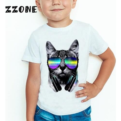 Children Cool DJ Cat/Pug/Panda Funny T-shirt Kids Short Sleeve Summer Tops Baby Girls Boys Casual T shirt