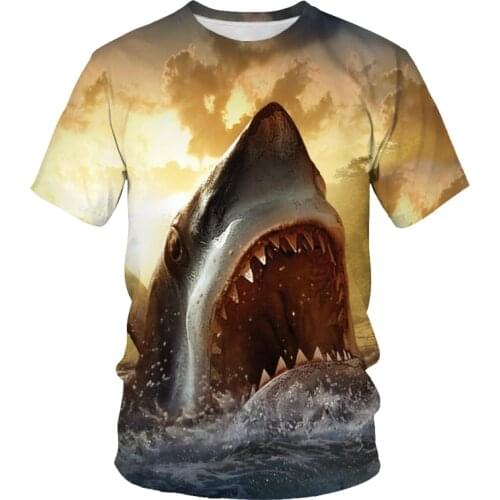Fashion printing Harajuku mens shark pattern short-sleeved T-shirt O-neck casual short-sleeved daily T-shirt oversized loose