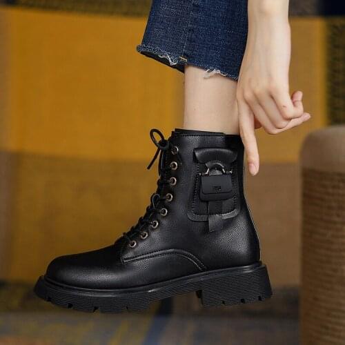 Lucyever Classic Black Motorcycle Boots Women 2021 Autumn Big Toe Lace-up Ankle Boots Woman Thick Bottom Pu Leather Botas Mujer