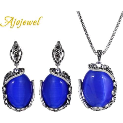 Ajojewel Big Opal Stone Blue Jewelry Sets For Women Luxury Earrings Necklace Set For Party Wedding Bridal Jewelry