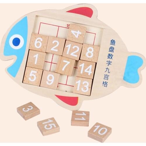 Creative Kids Math Toys Wooden Fish Shape Digital Numbers 1-15 Brain Teaser Huarong Road Toys For Children IQ Developmental Gift