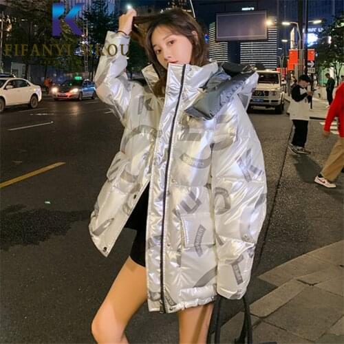 Streetwear Women Winter Jacket Big Pocket Fashion Print Down Jackets Hooded Parka Thick Warm Plus Size Loose Cotton Coat Female